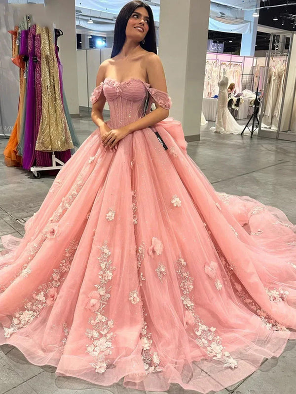 Rosa Quinceanera-Kleider 3D-Blumen-Spitzen-Applikationen Schulterfrei Herzförmiger Ausschnitt Korsett Puffy Tüll Perlen Prinzessin Ballkleider Geburtstagsfeier Abschlussball Sweet 16 Kleider
