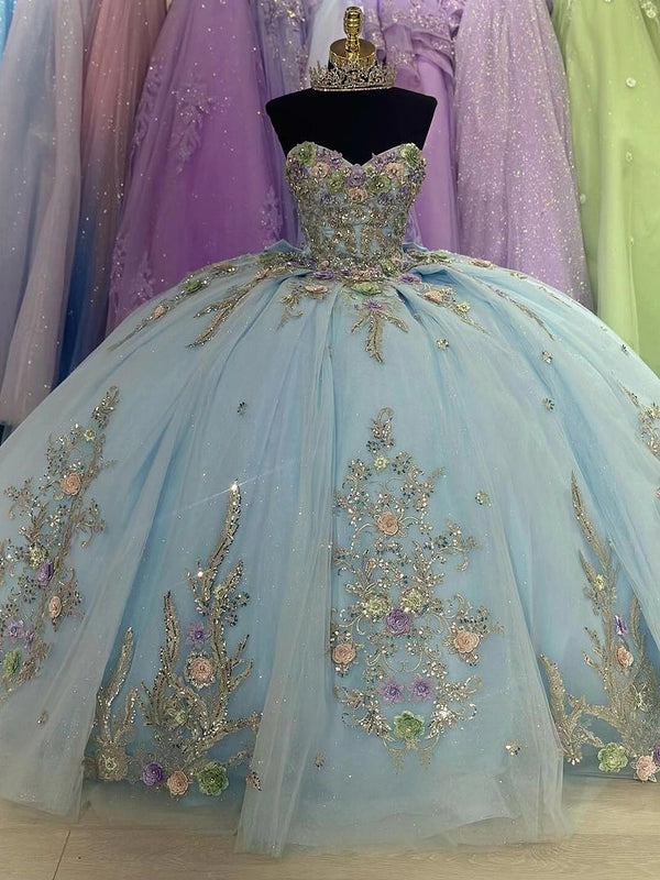 Hellblaues Quinceanera-Kleid Ballkleid Bunte 3D-Blumen Spitzenapplikationen Trägerlose Perlen mit Schleife Süße 16 Geburtstagspartykleider