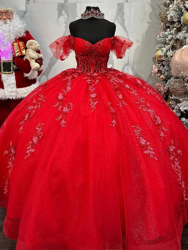 WQ1189 - Vestido de quinceañera de lujo con hombros descubiertos, apliques de encaje y cuentas de tul rojo, vestido de princesa para cumpleaños de 16 años