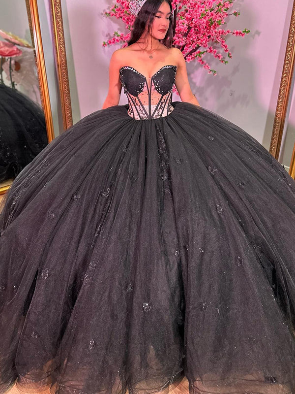 WQ1155 - Elegante y clásico vestido de fiesta con escote corazón, sin mangas, con apliques de encaje, tul negro, para quinceañeras, fiesta de cumpleaños para dulces 16