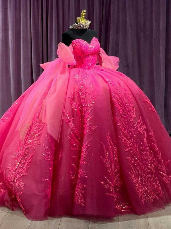WQ1163 - Vestido de quinceañera de tul rosa intenso con hombros descubiertos, mangas largas, apliques de encaje y cuentas, vestido de princesa para fiesta de dulces 16
