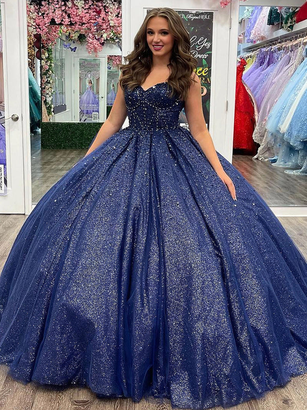 Marineblaue Pailletten trägerloses Sweetheart Korsett Quinceanera Kleider Ballkleid 2024 funkelnde ärmellose Sweet 16 Kleid Prinzessin Prom Party Kleider