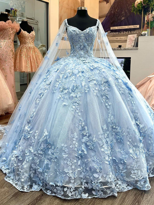 Sky Blue Quinceanera Dresses Ball Gown 3D Handmade Butterfly Lace Appliqued With Cape Off Shoulder Beaded Princess Sweet 15 16 Prom Cocktail Party Gowns