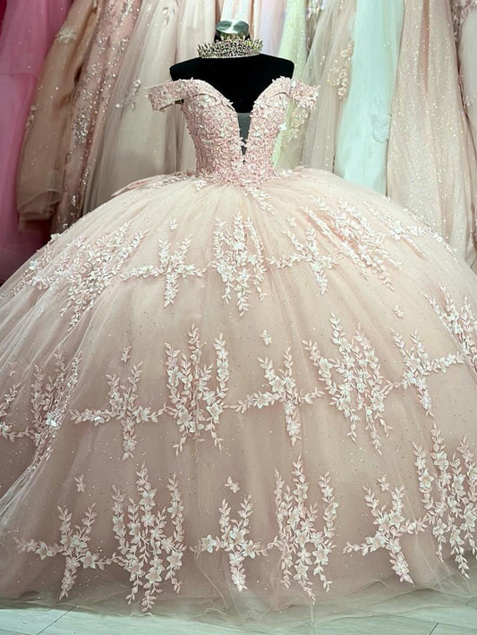 Rosa Quinceanera-Kleider, schulterfrei, Spitzenapplikationen, Tüll, Schnürung, Schleife, Ballkleid, Geburtstagsparty, Sweet 15, 16, Prinzessinnen-Ballkleid