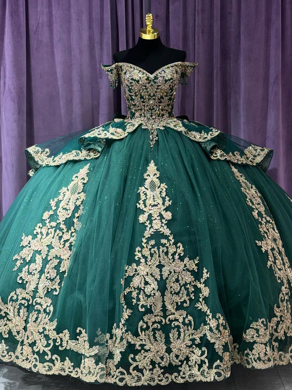 WQ1186 - Elegante y lujoso vestido de fiesta con hombros descubiertos, apliques de encaje dorado, cuentas, volantes escalonados, tul verde esmeralda, vestido de quinceañera, vestido de princesa para dulces 16