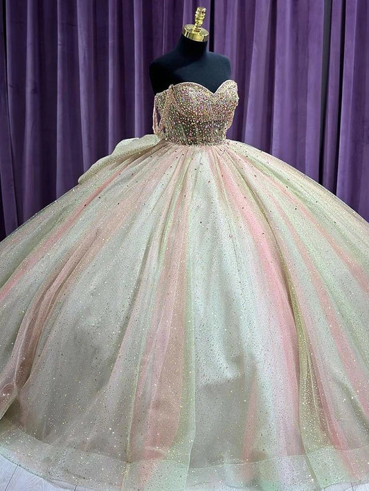 Sparkly Quinceanera Dresses Sweetheart Corset Ball Gown Spaghetti Straps Beaded Glitter Tulle Lace-up Bow Princess Party Gown Sweet 16 Dress