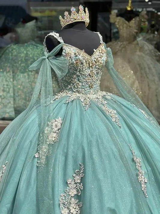 Robe de Quinceanera vert menthe 2024, robe de bal en tulle pailleté, décolleté en cœur, fleurs 3D, appliques en dentelle, robe perlée Sweet 16 pour femmes