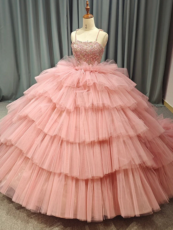 Rosa Spaghettiträger Korsett Ballkleid Prinzessin Quinceanera Kleider Spitzenapplikationen Perlen Korsett Stufen Tüll Ballkleid Sweet 16 Partykleider