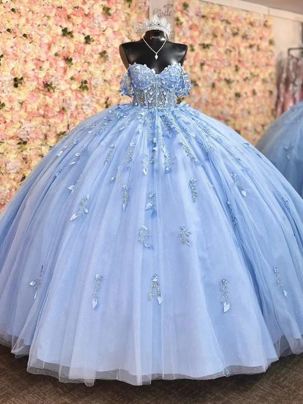 Himmelblaues funkelndes Quinceanera-Kleid, schulterfrei, herzförmiger Ausschnitt, Ballkleid, Blumenapplikationen, Perlenkorsett, Tüll, Abschlussball, Party, Sweet 16-Kleid für Jugendliche