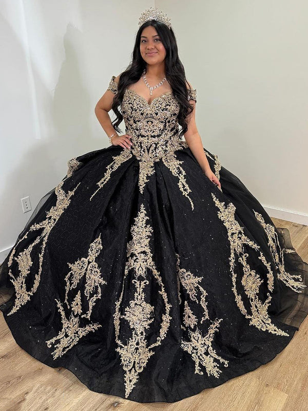 WQ1233 - Vestido de fiesta clásico con hombros descubiertos, apliques de encaje y volantes escalonados, tul negro, vestido de princesa con hombros descubiertos para quinceañera, vestido para dulces 16