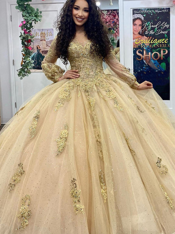 WQ1128 - Elegante y glamoroso vestido de fiesta con hombros descubiertos, mangas largas, apliques de encaje y tul con cuentas, vestido de quinceañera, vestido formal de noche para fiesta de princesa para dulces 16