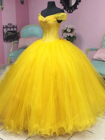 Gelbe Prinzessin Quinceanera Kleider Plus Size Off the Shoulder Ballkleid Tüll Ballkleider Korsett Sweet 16 Abendkleid