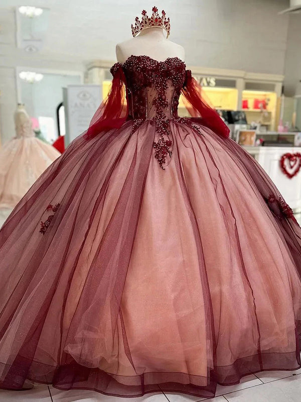 WQ1231 - Vestido de fiesta de quinceañera con hombros descubiertos, mangas largas, apliques de encaje con flores 3D y cuentas, tul burdeos, estilo princesa, para fiesta de cumpleaños y dulces 16