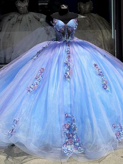 Blaue Prinzessin Quinceanera Kleider Schatz Blumen Ballkleid Spitze Applikationen Trägerlos Perlen Korsett Tüll Sweet 16 Kleid Abschlussball Party Kleider