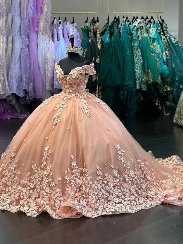 Rosa Quinceanera-Kleider mit schulterfreiem, geschwollenem Ballkleid mit Blumenapplikationen, süßes 16-Kleid mit Perlen und Schnürung, Partykleider