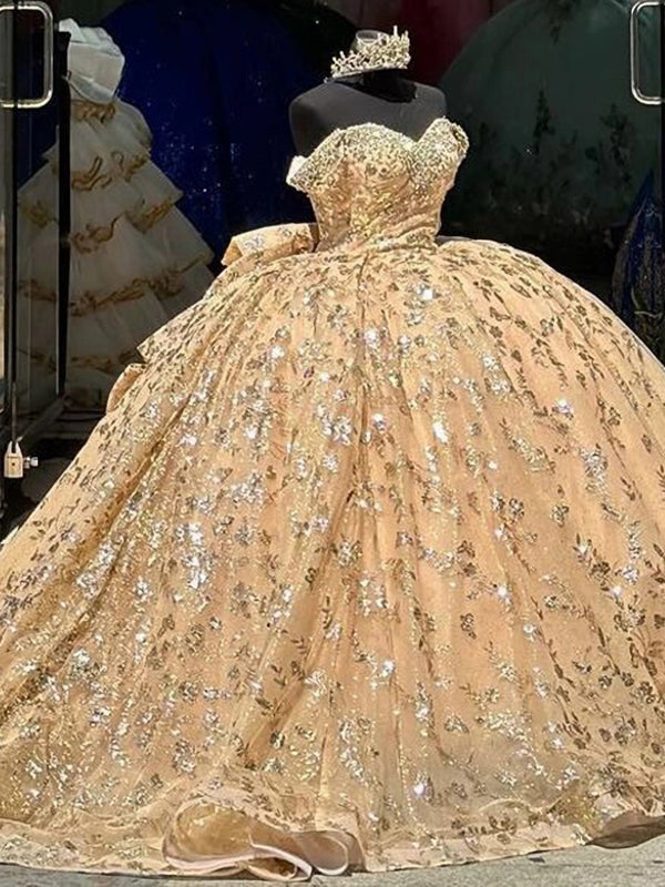 Sweet 16 Off Shoulder Sleeveless Champagne Quinceanera Dress with Sequins Appliques Beaded Bow Knot WQ1243