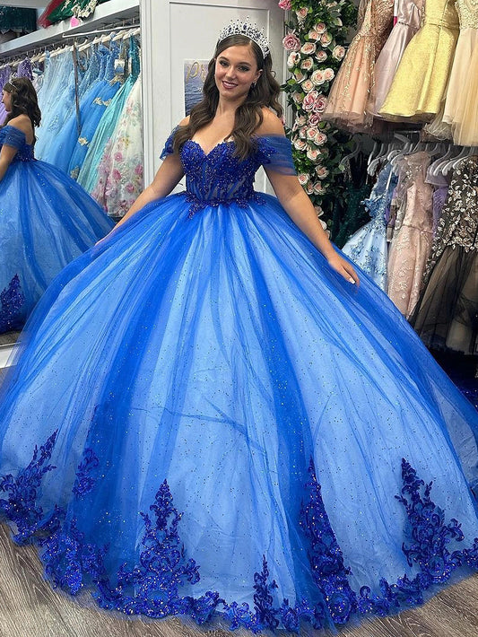 Royal Blue Off Shoulder Sweetheart Corset Ball Gown Quinceanera Dresses 2024 Flowers Lace Appliques Beaded Sparkly Tulle Princess Party Gown