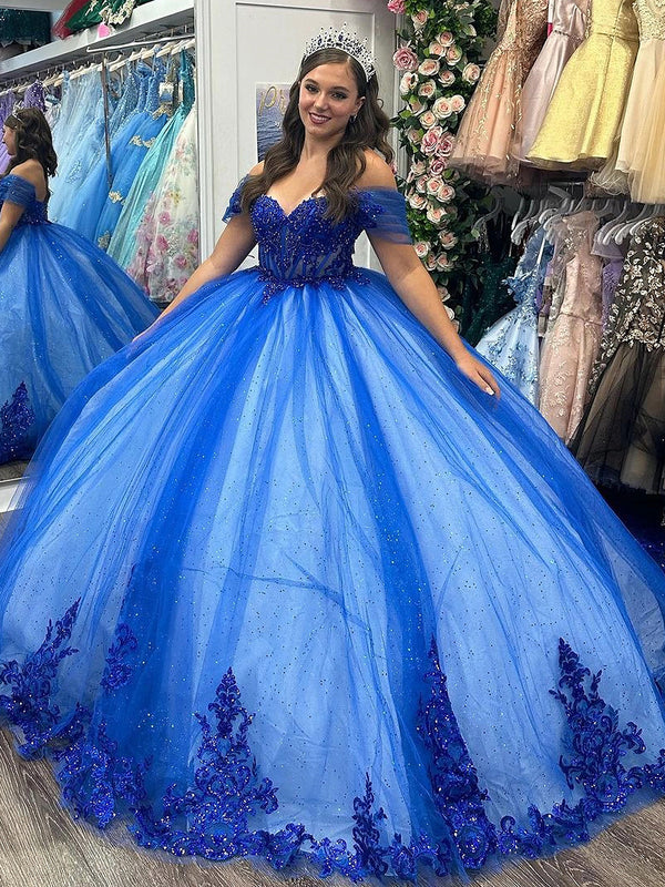 Königsblaues schulterfreies Schatzkorsett Ballkleid Quinceanera-Kleider 2024 Blumen Spitzenapplikationen Perlen funkelndes Tüll Prinzessin Partykleid
