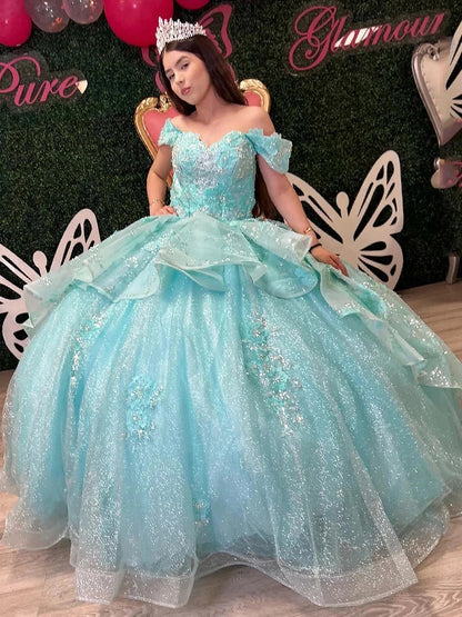 WQ1055 - Ball Gown Off Shoulder Beaded 3D Flower Appliques Ruffles Lake Blue Tulle Princess Gown Quinceanera Dress for Sweet 16 Dress