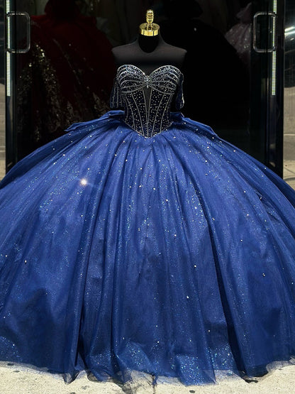 Luxuriöse königsblaue Ballkleider Quinceanera-Kleider mit Perlen, schulterfrei, herzförmiger Ausschnitt, Schleife, Glitzer, Tüll, Korsett, Sweet 16, Prinzessinnen-Partykleid