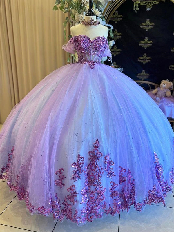Lila Quinceanera-Kleider Ballkleid Perlen Korsett Blumenspitze Applikationen Off The Shoulder Pailletten Formale Geburtstagsparty Sweet 16 Kleid