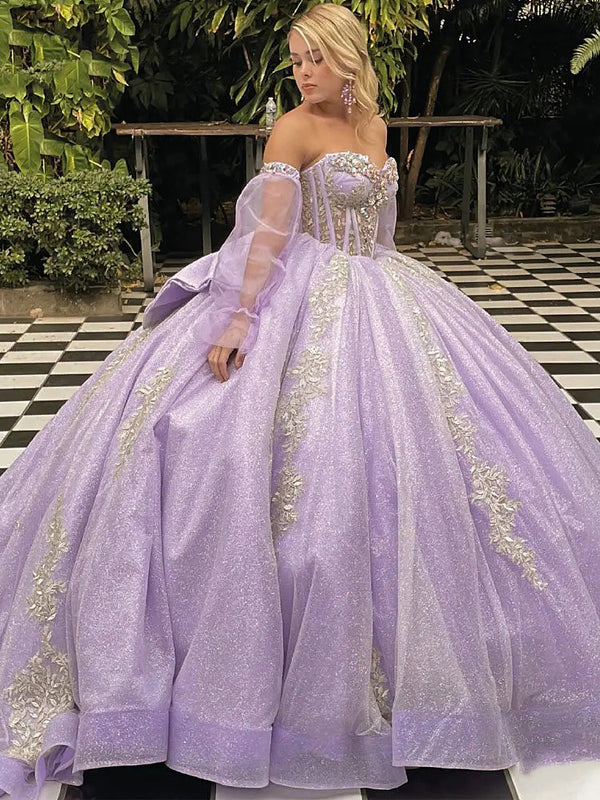 WQ1208 - Vestido de fiesta de quinceañera con brillo y destellos, sin tirantes, mangas largas, apliques de encaje, lazo de cuentas, tul lila, estilo princesa, para fiesta de noche, para dulces 16