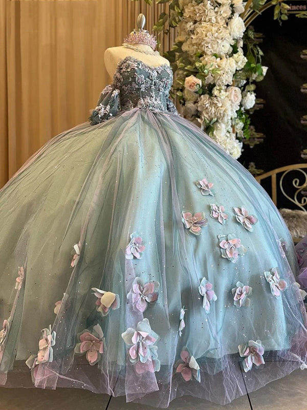 Ballkleid mit herzförmigem Korsett und schulterfreiem Quinceanera-Kleid mit Ärmeln und 3D-Blumenapplikationen, funkelnden Perlen und Tüllschnürung, Sweet 16-Kleid, Prinzessinnen-Partykleid