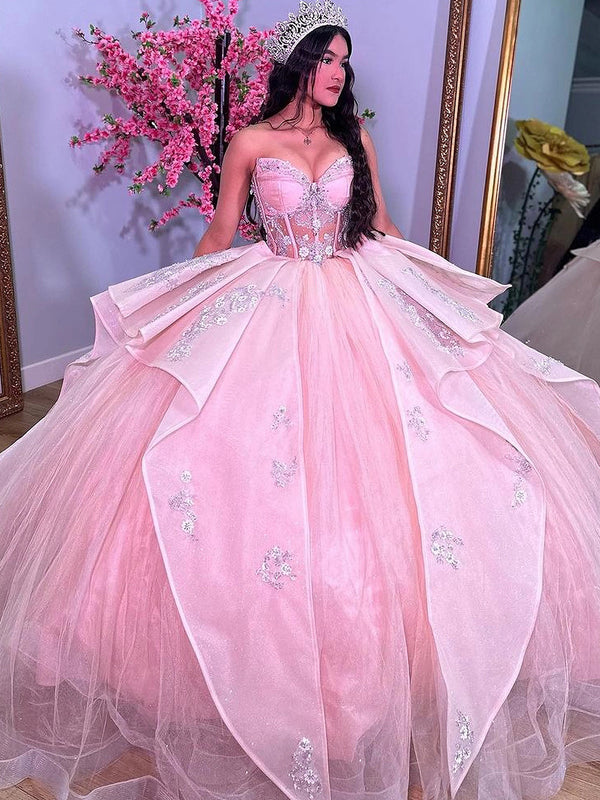 Rosa Quinceanera-Kleid mit Herzausschnitt, Kristallperlen, Spitze, Blumenapplikationen, Korsett, Ballkleid, abgestufte Rüschen, Tüll, Sweet 16-Kleider