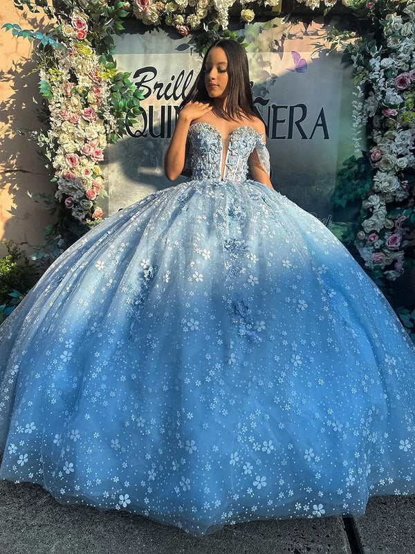 Himmelblaues schulterfreies Herz-Ausschnitt-Korsett Quinceanera-Kleider Ballkleid Blumen Spitzenapplikationen Schleife Rüschen Tüll Sweet 16 Kleid Prinzessin Partykleid