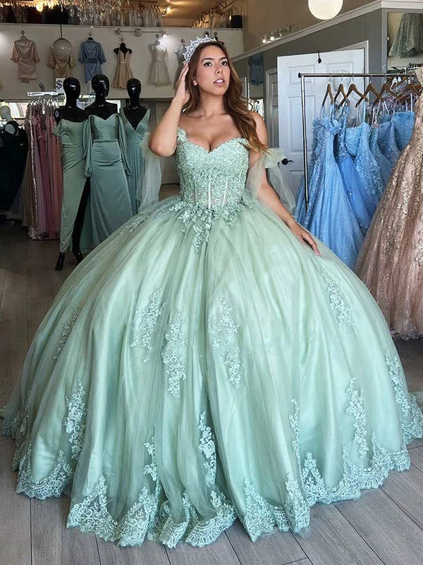 WQ1038 - Hermoso vestido de quinceañera de tul verde menta con apliques de encaje y hombros descubiertos para dulces 16