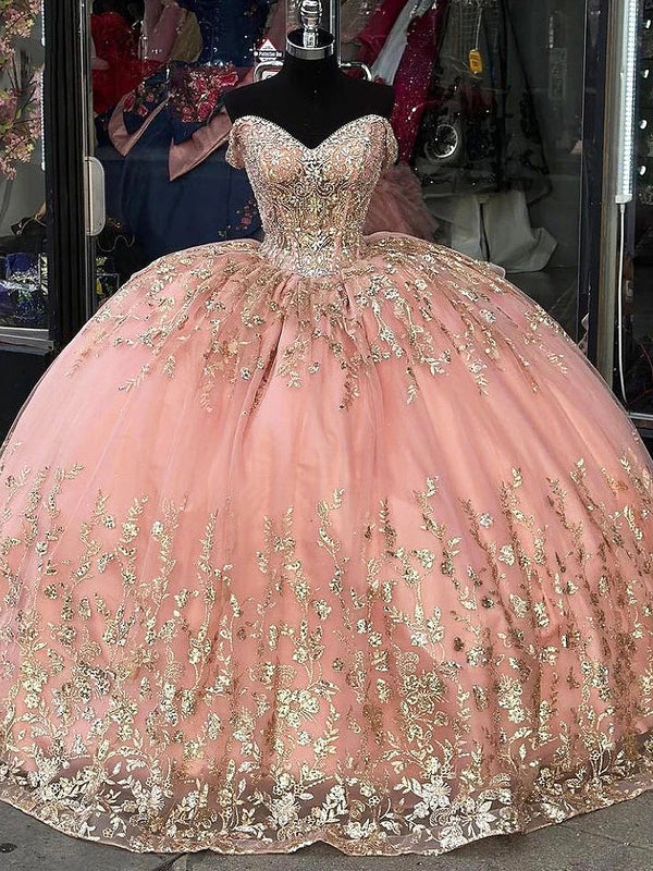 Glitzerndes Ballkleid mit Perlenbesatz, schulterfrei, Pailletten-Spitzenapplikationen, gestuftes Rüschenkorsett, Sweet 15 16-Kleid mit Schleppe