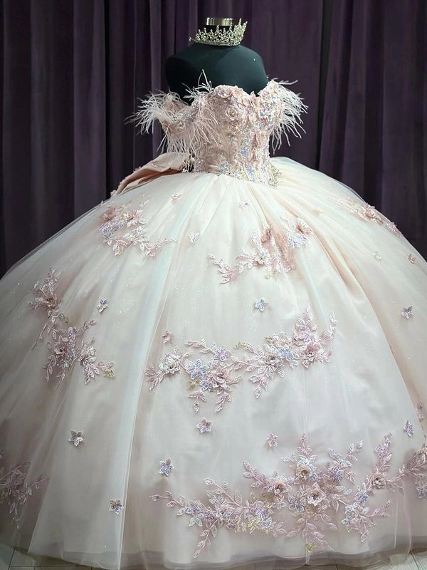 WQ1162 - Vestido de quinceañera con hombros descubiertos, flores de plumas, apliques de encaje y lazo de cuentas, vestido de princesa para fiesta de cumpleaños de 16 años