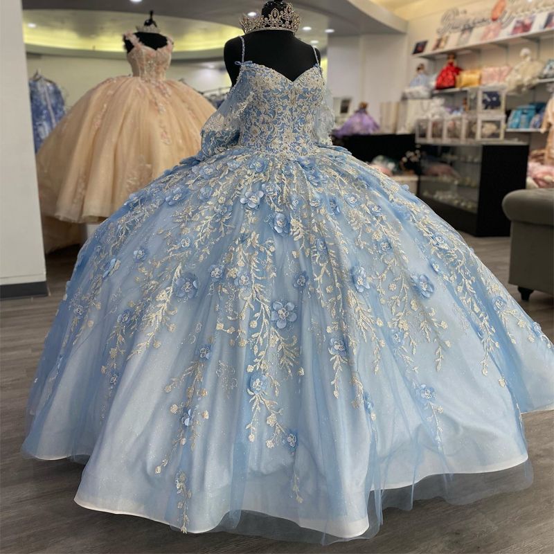 Himmelblaues Quinceanera-Kleid mit V-Ausschnitt und Spaghettiträgern, Prinzessinnen-Ballkleid, Tüll, Blumenapplikationen, Perlen, Schnürung, süßes 15./16. Kleid, elegante Ballkleider