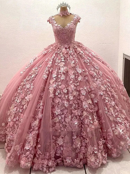 WQ1023 -Elegant Ball Gown Sweetheart Neck Sleeveless 3D Flower Appliques Beaded Pink Tulle Princess Gown Quinceanera Dress for Sweet 16