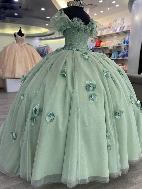 Mintgrüne Quinceanera-Kleider, schulterfrei, herzförmiger Ausschnitt, Ballkleid mit Perlen, 3D-Blumenapplikationen, Tüll, Sweet 16 Partykleid