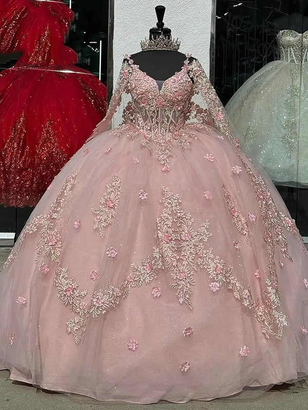 WQ1192 - Bonito y elegante vestido de fiesta con hombros descubiertos, mangas largas, flores 3D, apliques de encaje y cuentas de tul rosa, vestido de quinceañera, vestido de fiesta de noche de princesa para dulces 16