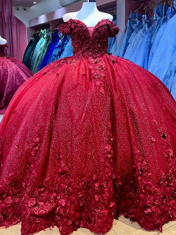 WQ1179 - Vestido de quinceañera brillante y brillante con hombros descubiertos y apliques florales de tul rojo, vestido de princesa para fiesta de cumpleaños de 16 años