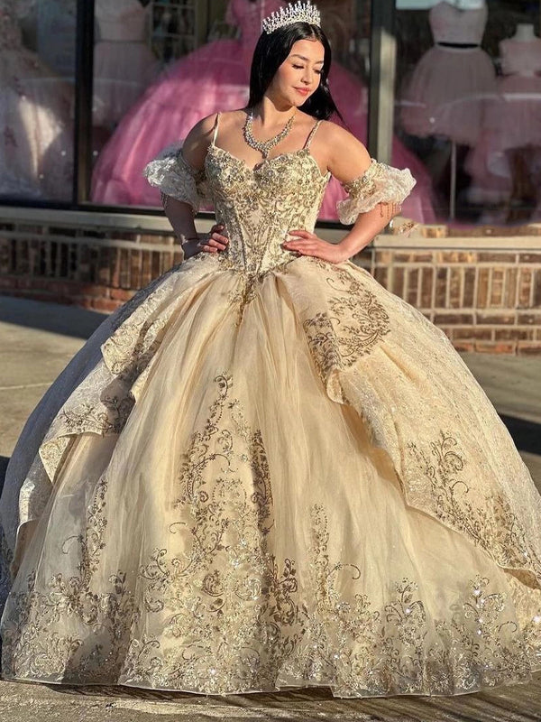 Sweetheart Detachable Sleeves Appliques Beaded Champagne Quinceanera Dress for Sweet 16 WQ1237