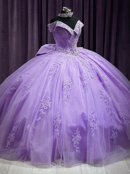 Lavender Sparkly Quinceanera Dress with Big Bow Off the Shoulder Corset Lace Applique Sequins Beads Tulle Sweet 16 Princess Prom Ball Gown