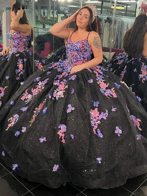 WQ1229 - Vestido de quinceañera único con escote corazón, tirantes finos, apliques de encaje floral 3D y cuentas de tul negro, vestido de fiesta de cumpleaños para dulces 16