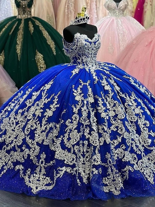 Königsblaues schulterfreies Prinzessin Quinceanera-Kleid Ballkleid mit Spitzenapplikationen und funkelnden Perlen aus Tüll für formelle Abschlussball-Partykleider Sweet 16 Dress