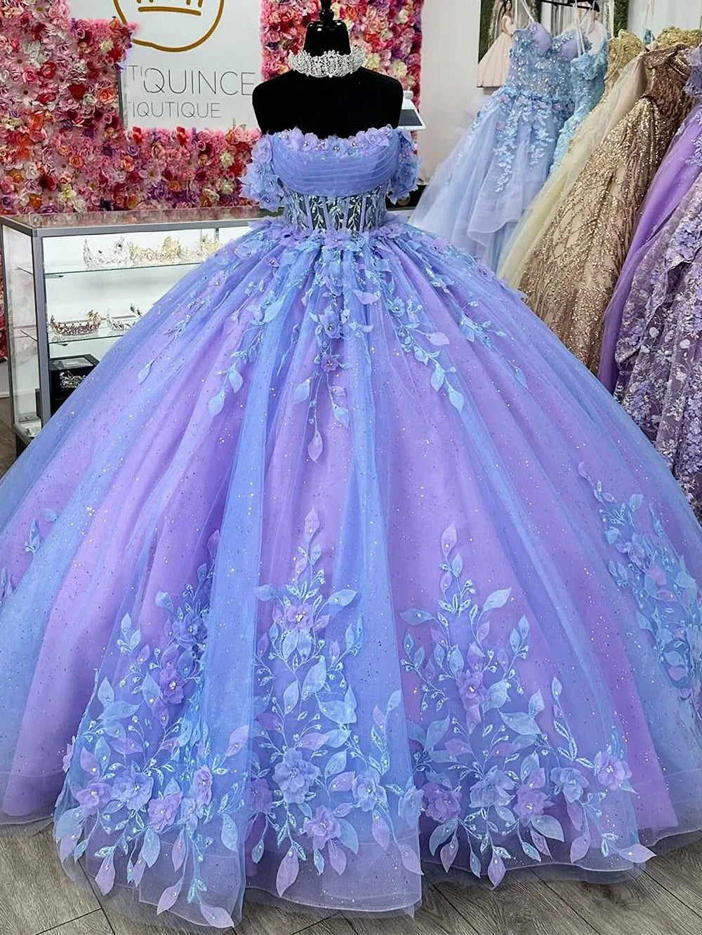 Sexy Strapless Quinceanera Dress Off The Shoulder 3D Floral Appliques Lace Beads Corset Ball Gown Glitter Tulle Princess Party Gown