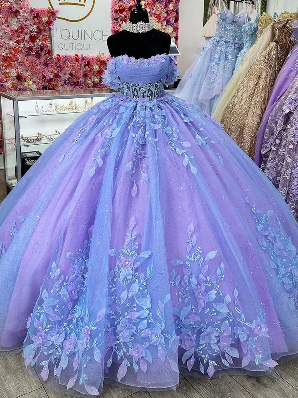 Off Shoulder Sleeveless 3D Floral Appliques Beaded Purple Quinceanera Dress for Sweet 16 WQ1221