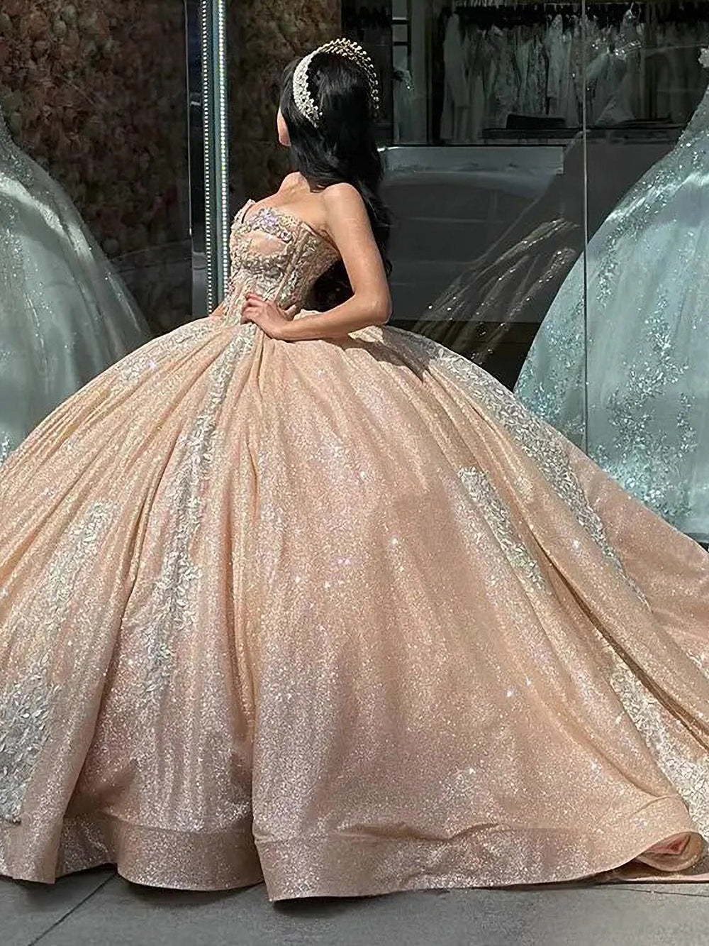 Champagner Glitzer Applikation Spitze Korsett Perlen Quinceanera Kleider Trägerlos Herzausschnitt Ärmellos Ballkleid Sweet 16 15 Partykleid