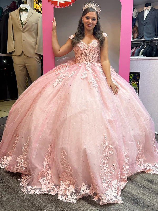 Rosa Spitzenapplikationen Herzausschnitt Korsett Ballkleid Prinzessin Quinceanera Kleider 2024 Funkelnde Perlen Tüll Formale Abschlussball Partykleider Sweet 16 Kleid