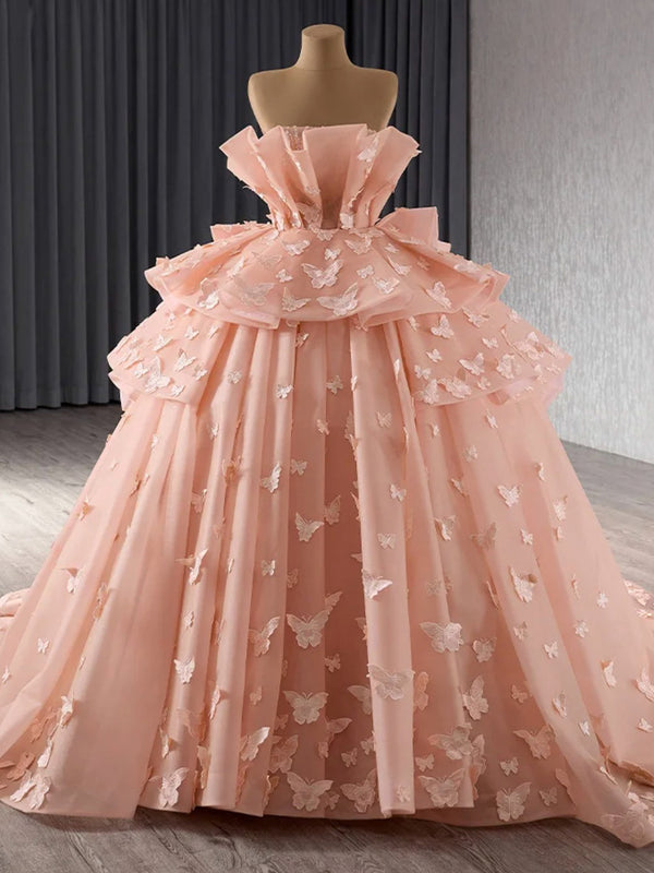 Quinceanera-Kleid mit Schmetterlings-Motiv, bauschige Ballkleider, trägerlos, Prinzessin, mit Perlen verziert, mehrlagiges Tüllkleid für Mädchen, Abschlussfeier, süßes 16. Geburtstagspartykleid