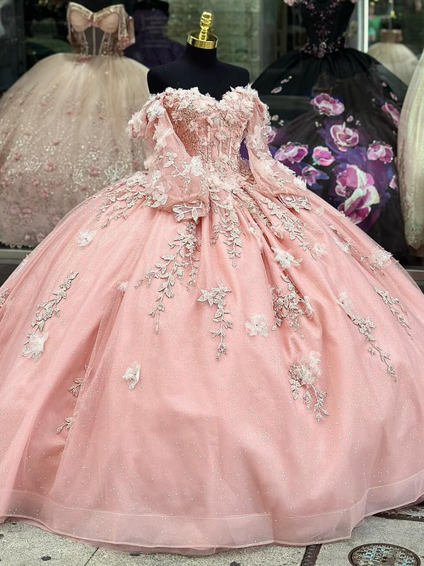 WQ1165 - Elegante y bonito vestido de fiesta con hombros descubiertos, mangas largas, apliques de encaje, escote corazón con cuentas y tul rosa para quinceañeras, fiesta de noche para dulces 16