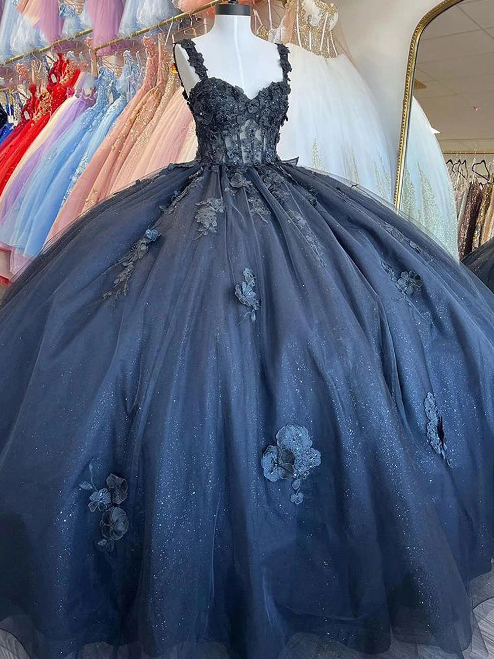 Marineblaue Quinceanera-Kleider mit Applikationen, Spitze, Perlen, herzförmiger Ausschnitt, Korsett, Ballkleid, Glitzer, Tüll, süßes 16. Geburtstagsparty-Kleid für Prinzessinnen