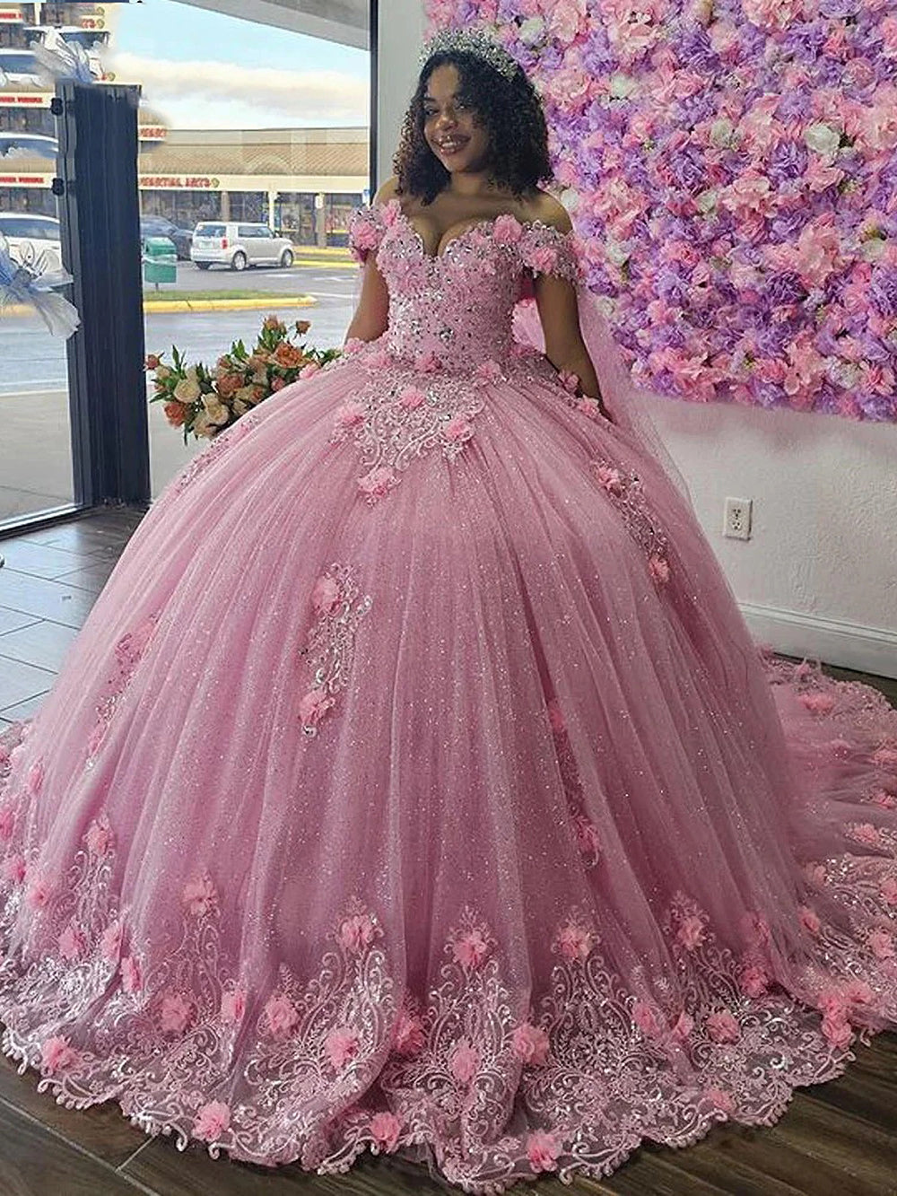 Pink Off Shoulder Quinceanera Dresses For Sweet 15 16 Years Birthday Party Gowns with Fairy Cape Flowers Lace Appliques Beaded Glitter Tulle Puffy Ball Gown