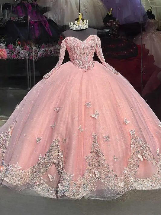 Robe de bal rose à épaules dénudées avec papillon 3D, robes de Quinceanera à manches longues, appliques à paillettes, perles, tulle, robes de soirée de bal pour 15 et 16 ans